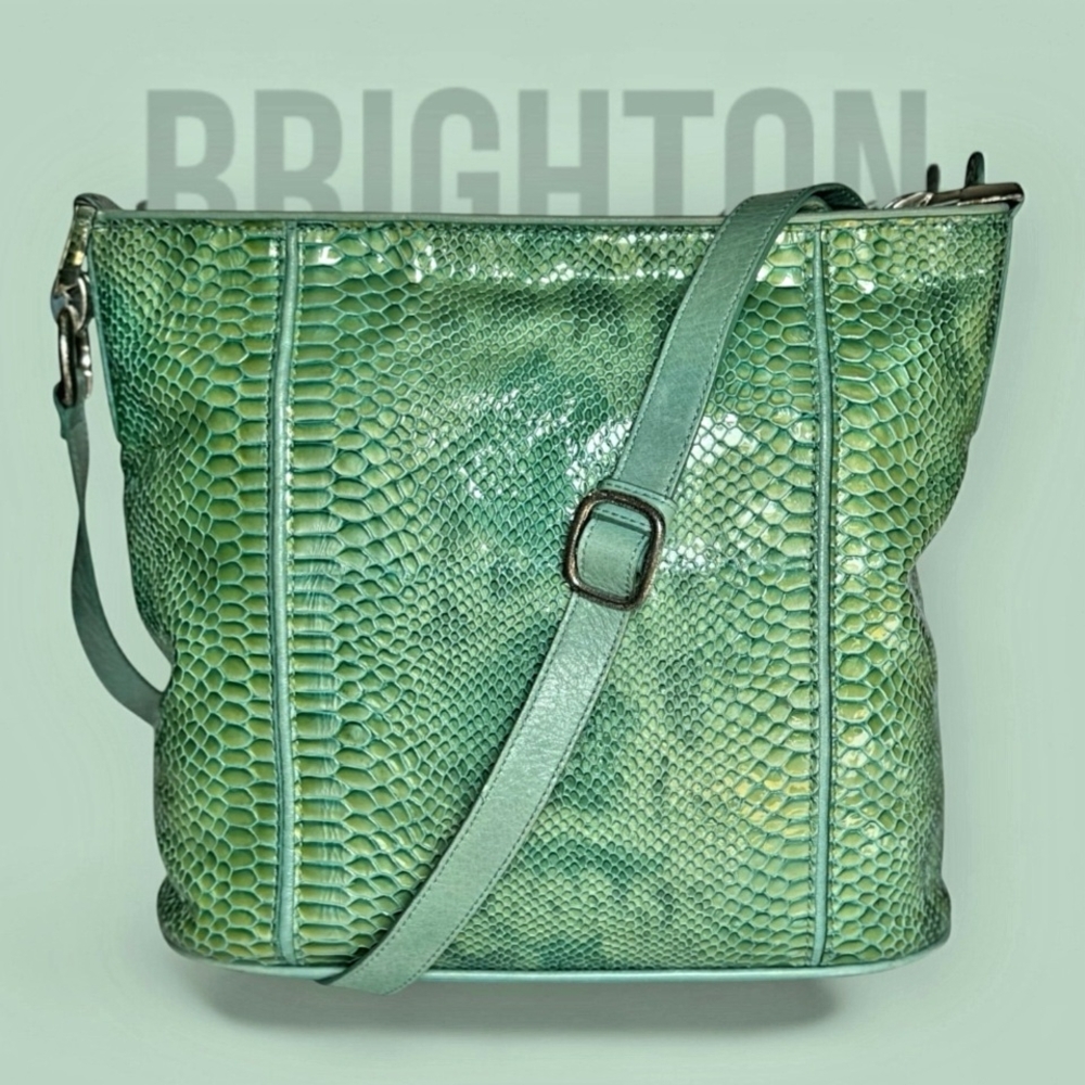 Vintage Brighton Turquoise Patent Leather Snakeskin Embossed Zipper Shoulder Bag